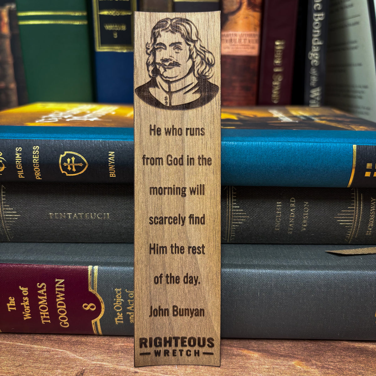 John Bunyan bookmark laser engraved in walnut wood