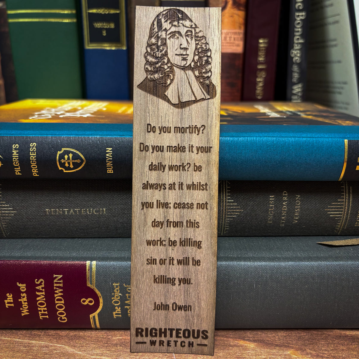 John Owen bookmark laser engraved in walnut wood