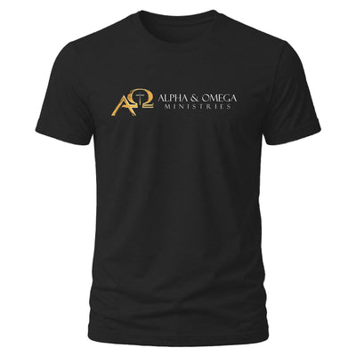 Black Alpha and Omega Ministries logo T-shirt, front view