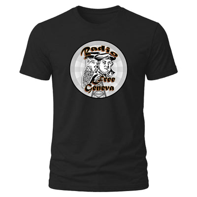 Black Alpha and Omega Ministries Radio Free Geneva T-shirt