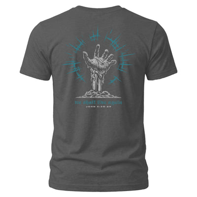 Heavy Metal gray Live Again t-shirt, John 5:28-29 Christian design