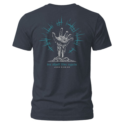 Midnight Navy Live Again t-shirt, John 5:28-29 Christian design