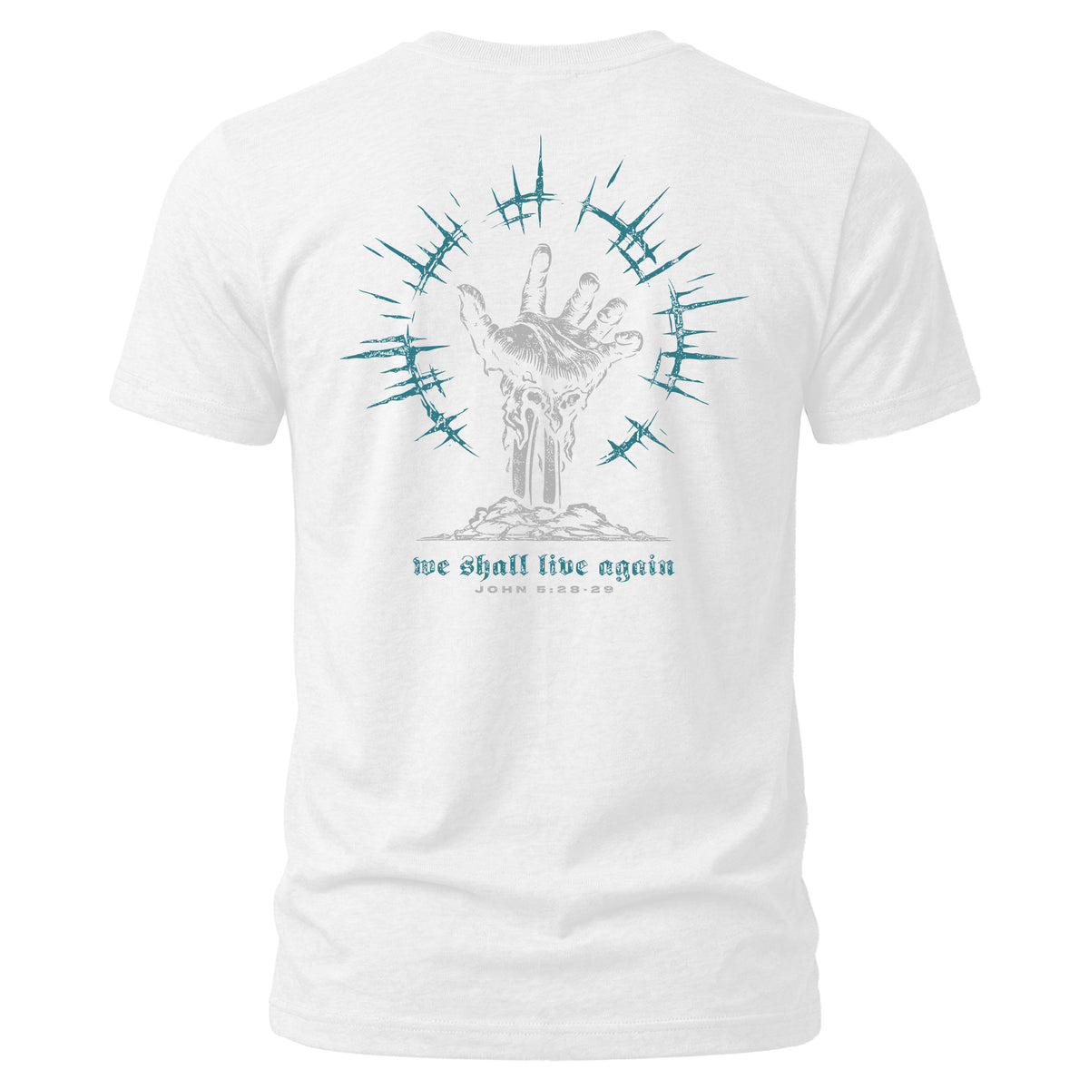 White Live Again t-shirt, John 5:28-29 Christian design